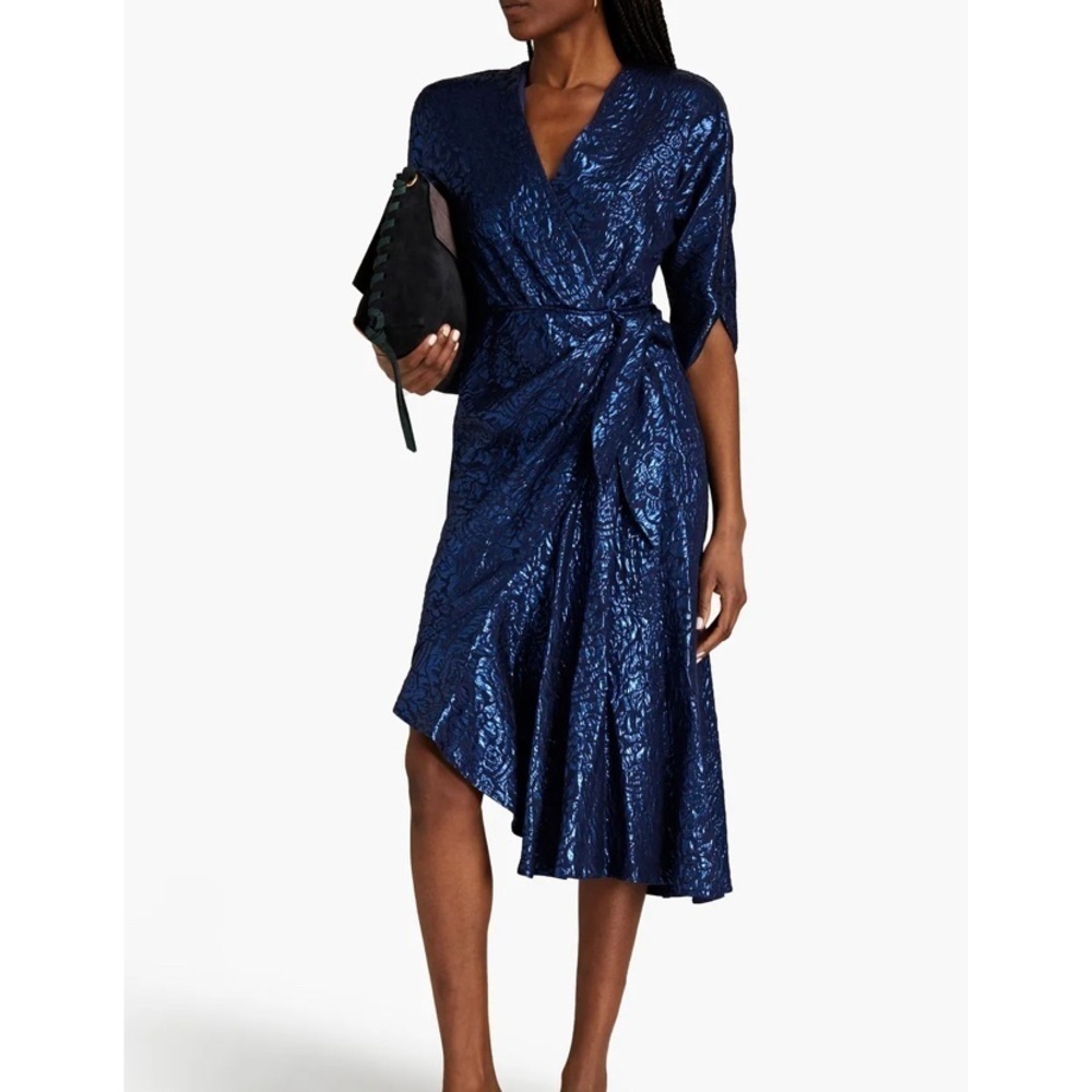 ETRO 2480$ NWT Wrap-effect Metallic Cloqué Floral Ruched Dress Royal blue IT 40